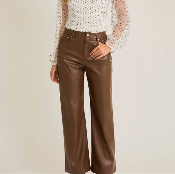 NWT LELIS  High Waist Faux Leather Long Pants: Brown M - Picture 1 of 9